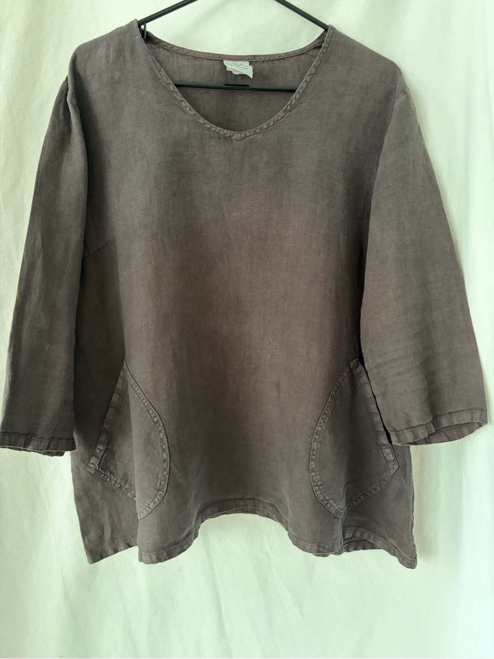 Match Point Relaxed Taupe Linen Pocket Blouse Top Lagenlook Sz M Vacation Boho